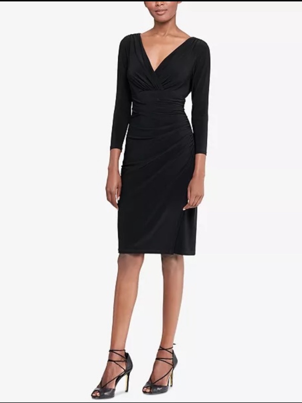 Lauren Ralph Lauren Black Wrap Dress Long Sleeve V-Neck Ruched Side Tie Size 10